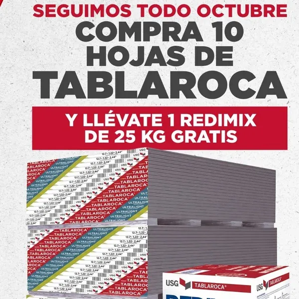 Promoción de CIASA y USG en octubre: compra 10 hojas de Tablaroca y llévate 1 Redimix de 25 kg gratis